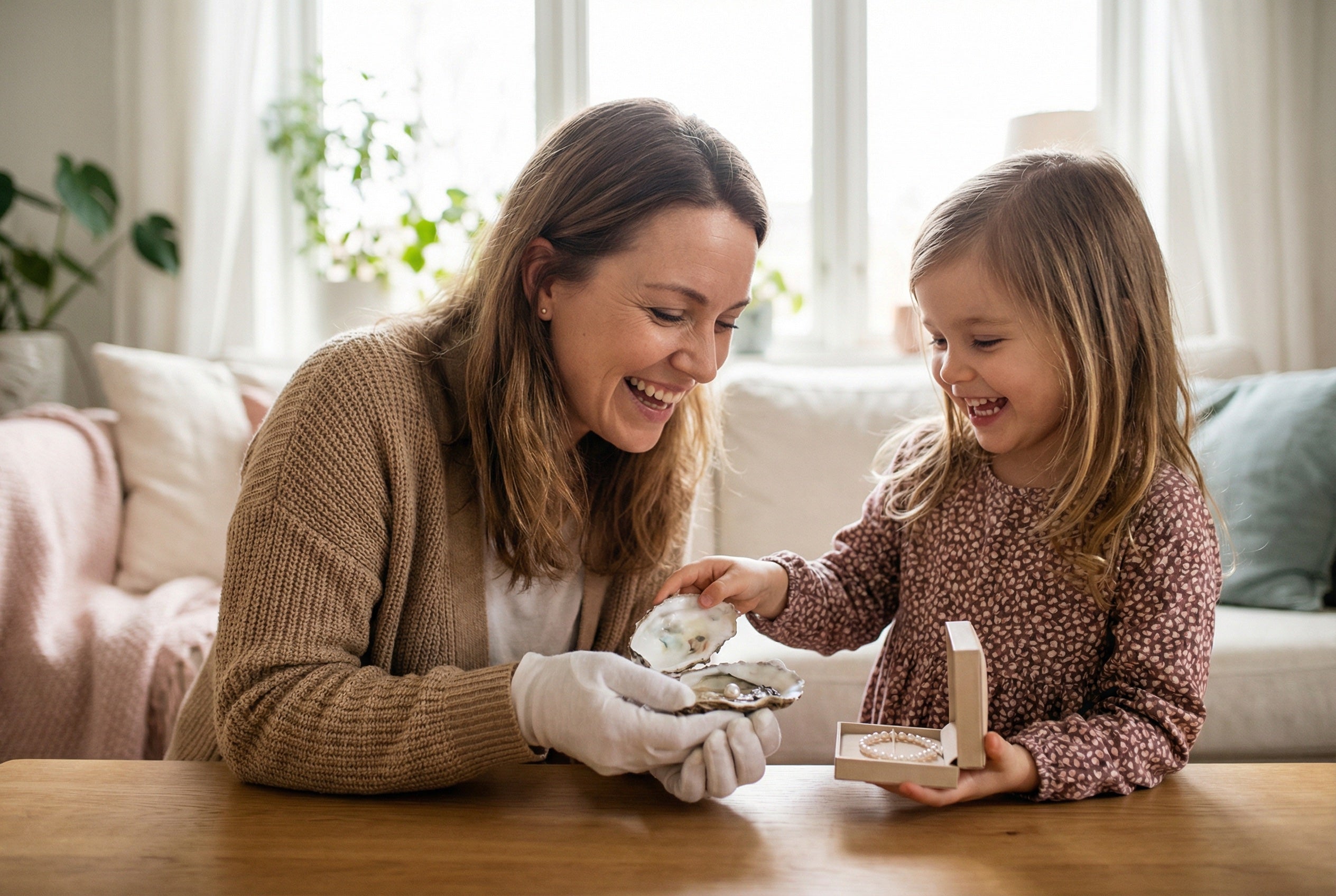 Geschenkidee Perlen - Mutter und Tochter öffnen gemeinsam eine Auster mit Perle